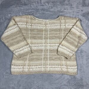 Vintage Beldoch Popper Sweater Women L‎ Beige Cozy Textured Plaid Knit 80s